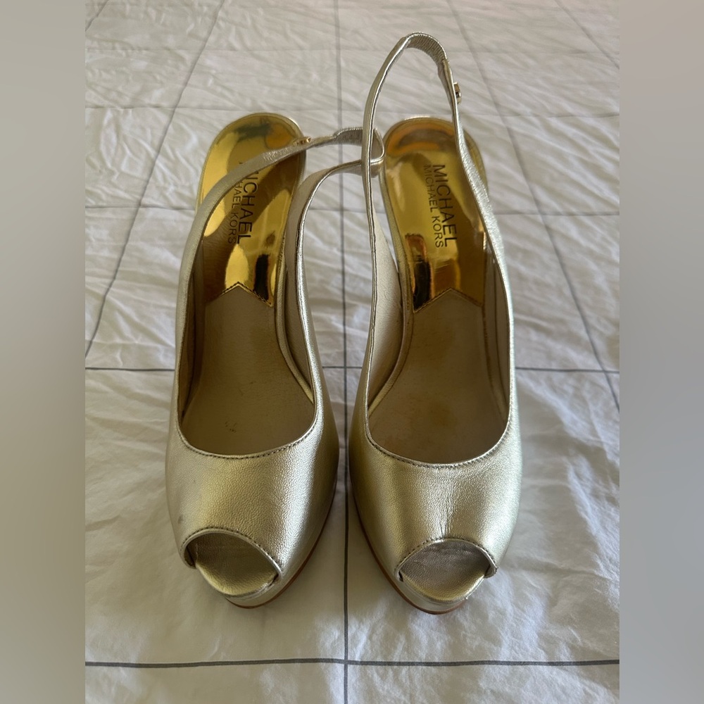 Michael Kors gold slingback platform peep-toe heels